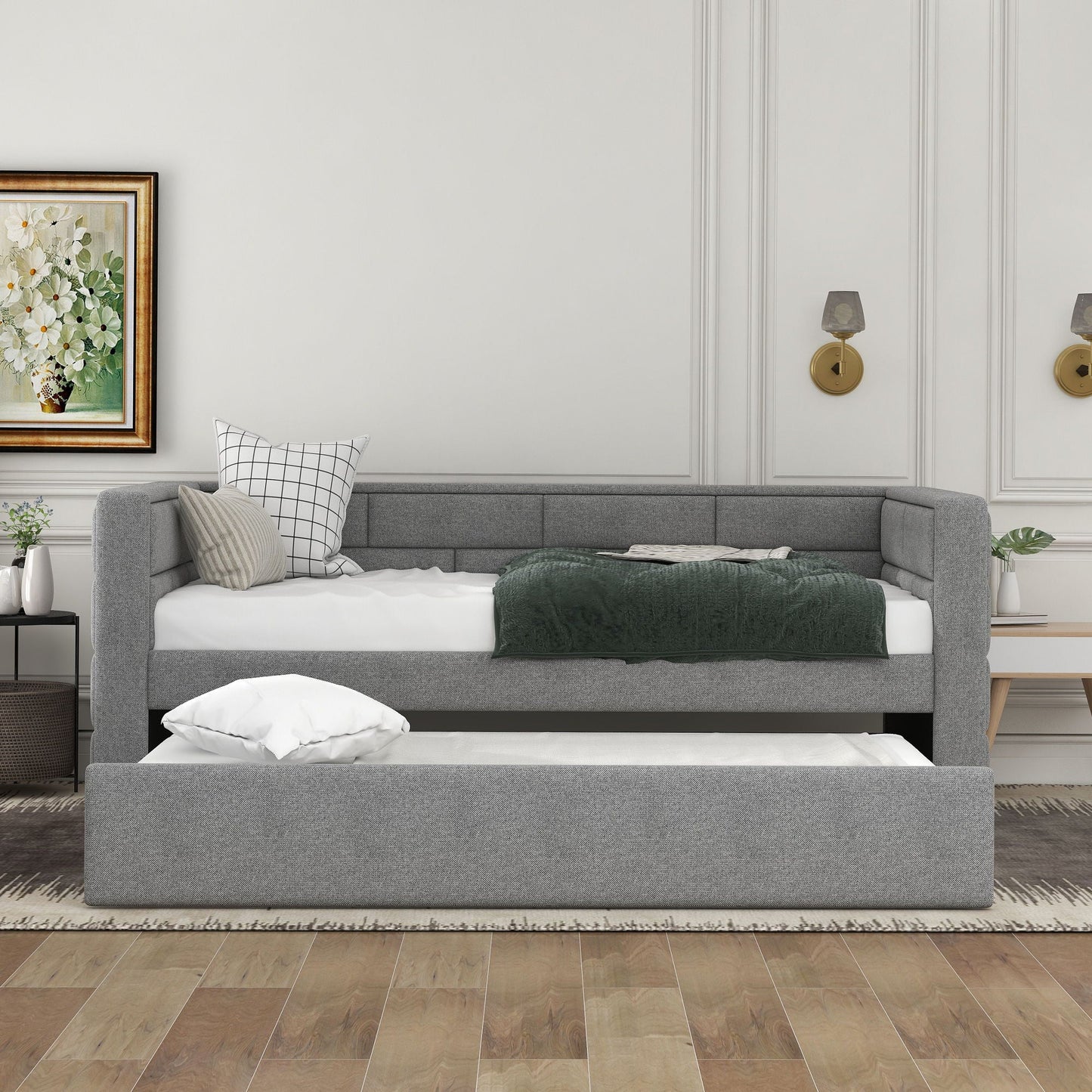 Upholstered twin daybed with trundle in gray fabric, padded back and sides, HouseOfZazla on Tampa Home & Garden Store