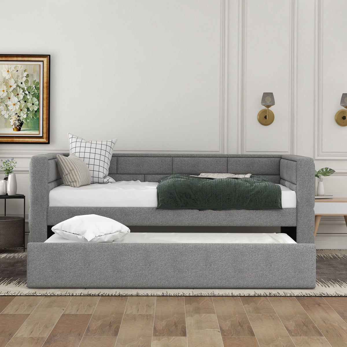 Upholstered twin daybed with trundle in gray fabric, padded back and sides, HouseOfZazla on Tampa Home & Garden Store