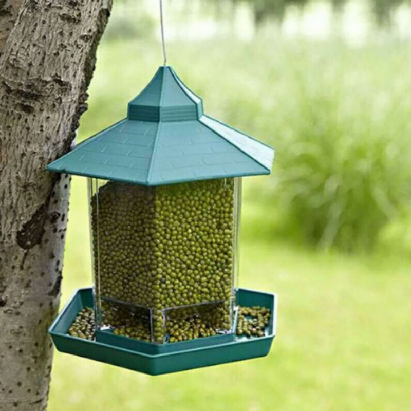 Teal waterproof outdoor balcony hanging bird feeder with seed-filled clear tube and tray on Tampa Home & Garden Store