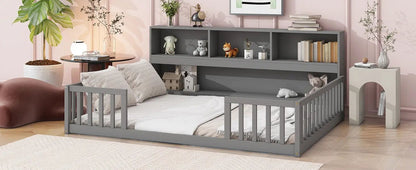 Floor Bed With Side Bookcase and Guard Rails