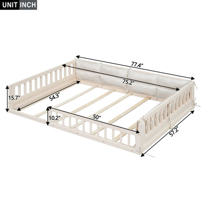 HouseOfZazla Wood Full Size Upholstered Platform Bed with Guardrail Pillow beige wood frame on Tampa Home & Garden Store