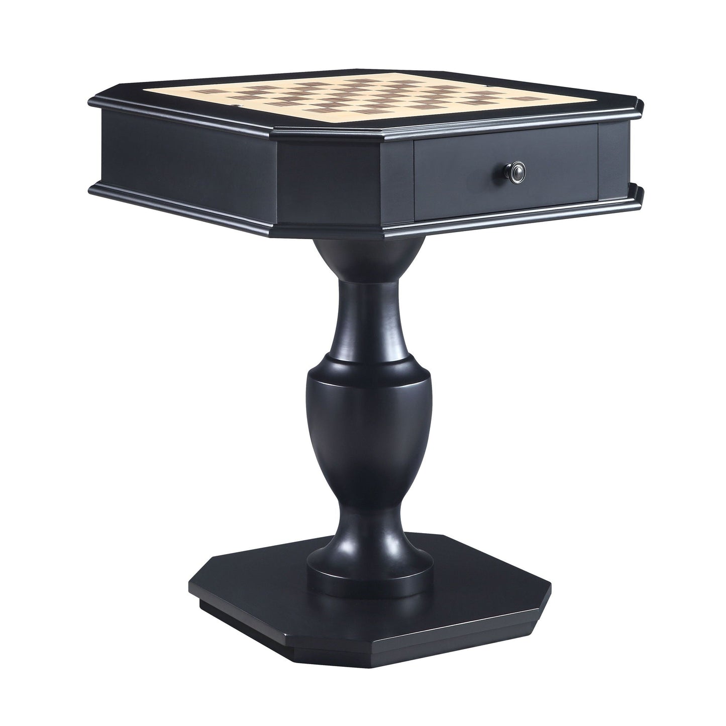 Galini game table by HouseOfZazla, black wood table with built-in chessboard top and drawer on Tampa Home & Garden Store