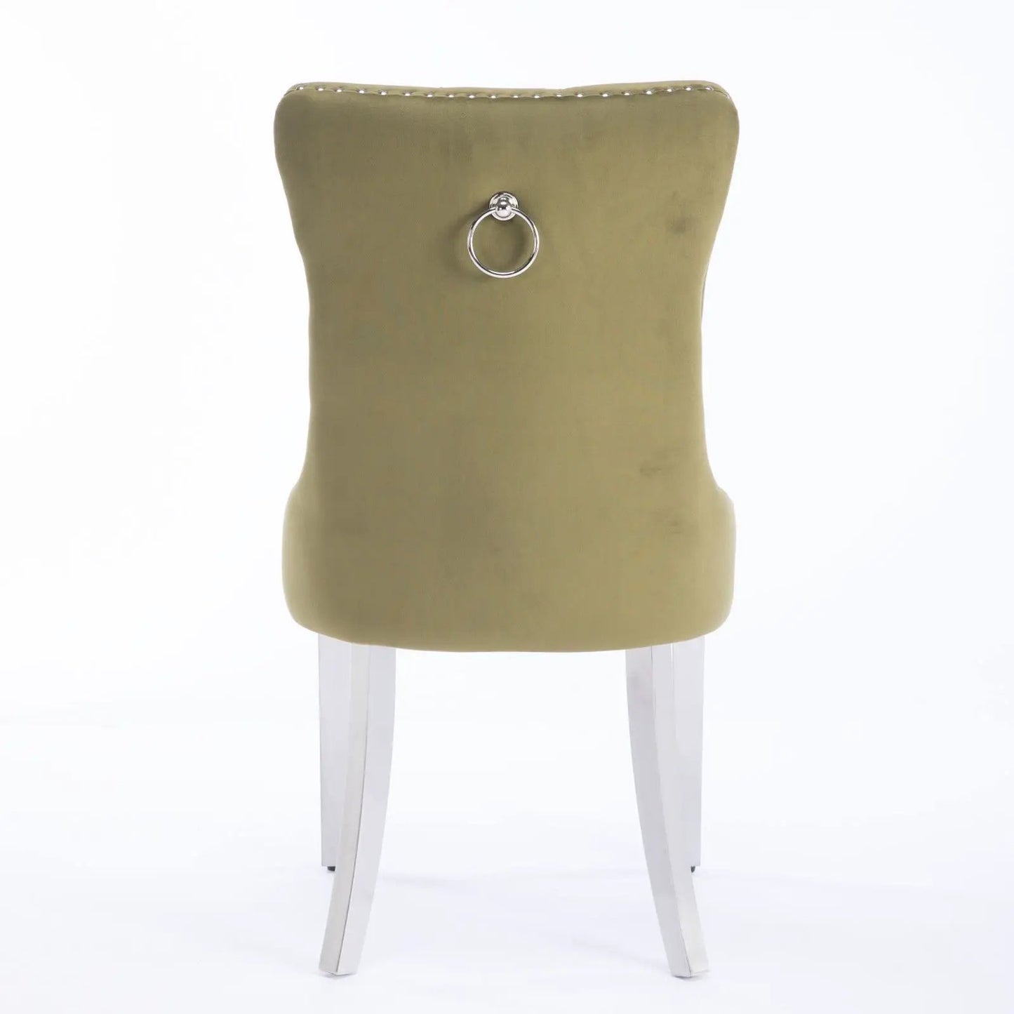 Nikki Upholstered Dining Chair Set of 2, olive fabric with nailhead trim and back ring pull on Tampa Home & Garden Store