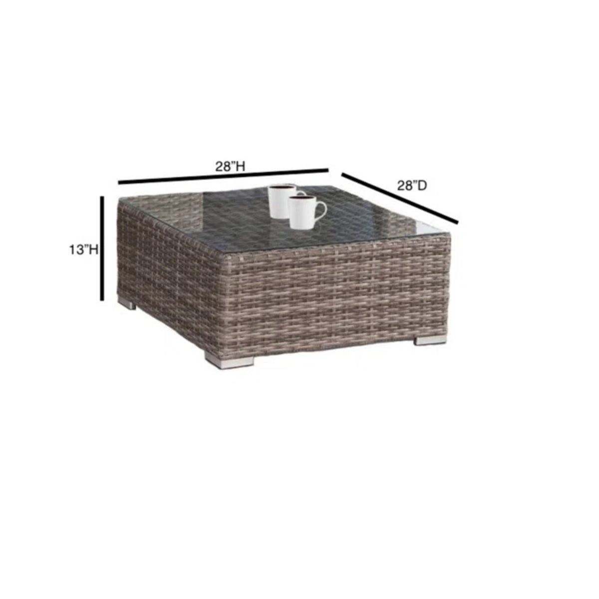 Rattan patio coffee table with glass top, brown wicker and two mugs on it on Tampa Home & Garden Store