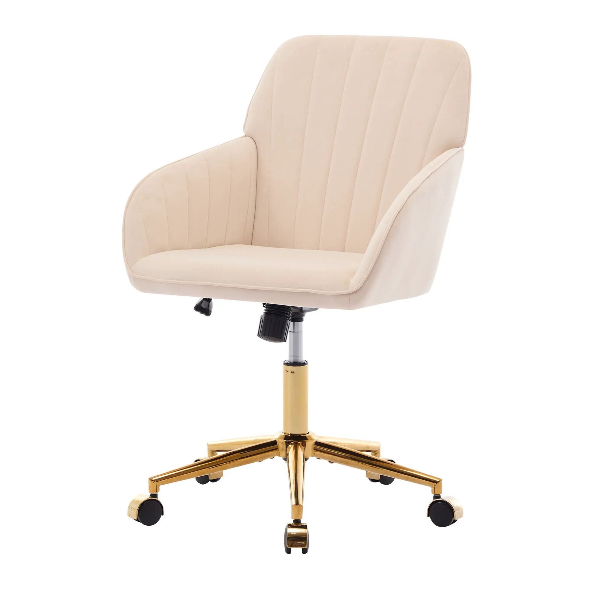 Adjustable ergonomic swivel office chair in beige upholstery with gold base and casters on Tampa Home & Garden Store