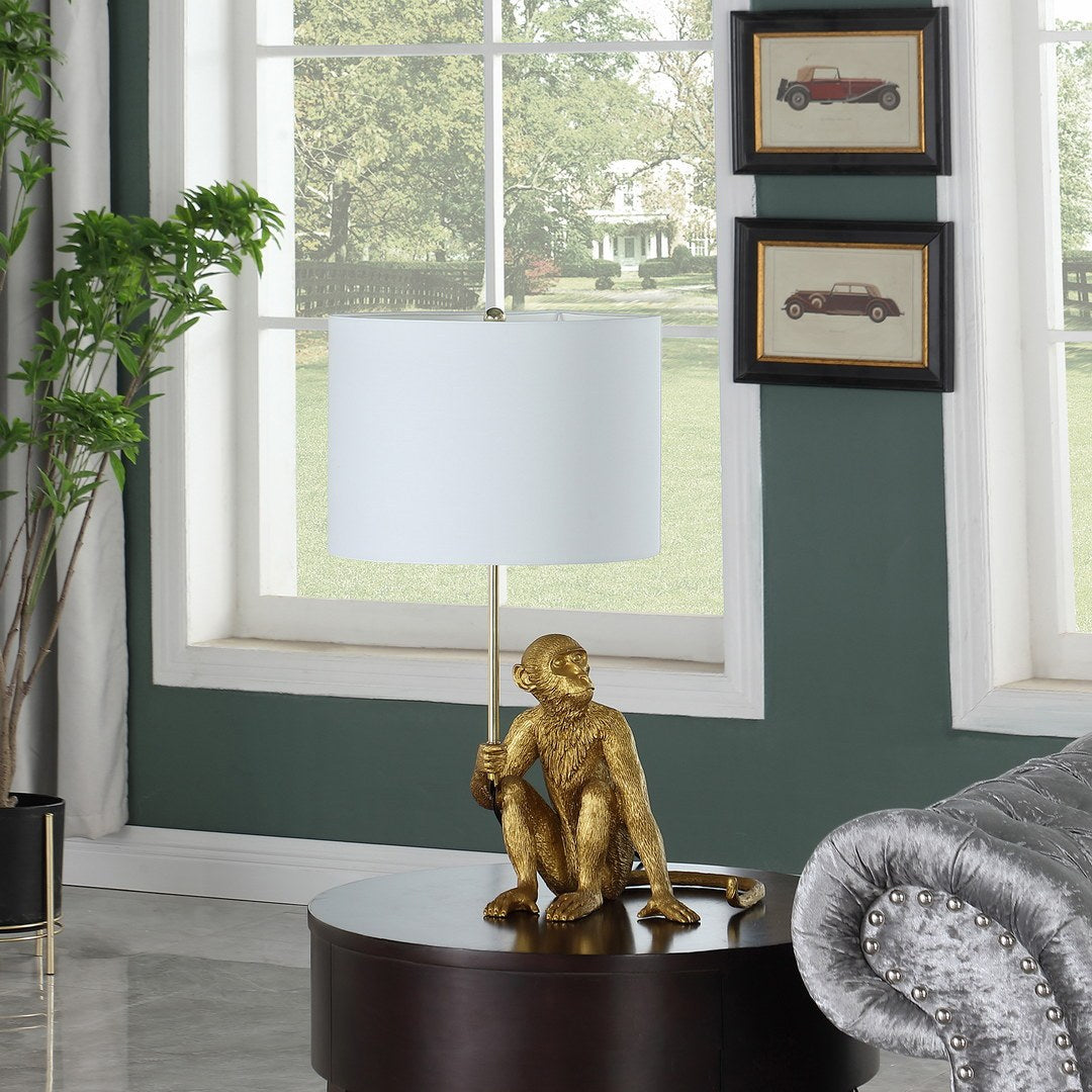 Table lamp gold monkey figure with white fabric shade, polyresin, 25.5in tall HouseOfZazla on Tampa Home & Garden Store