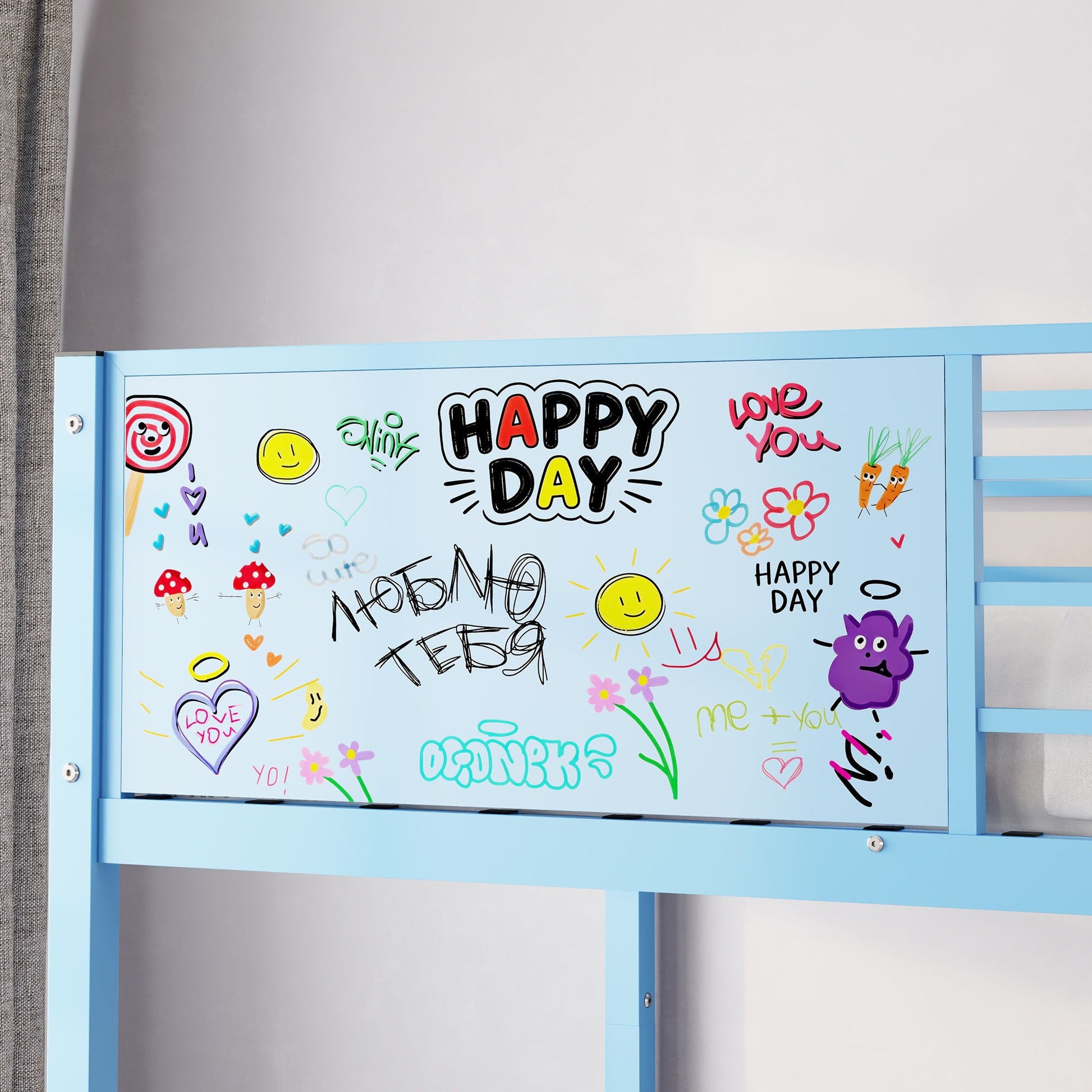 Bunk bed blue frame with colorful graffiti panel art for kids on Tampa Home & Garden Store