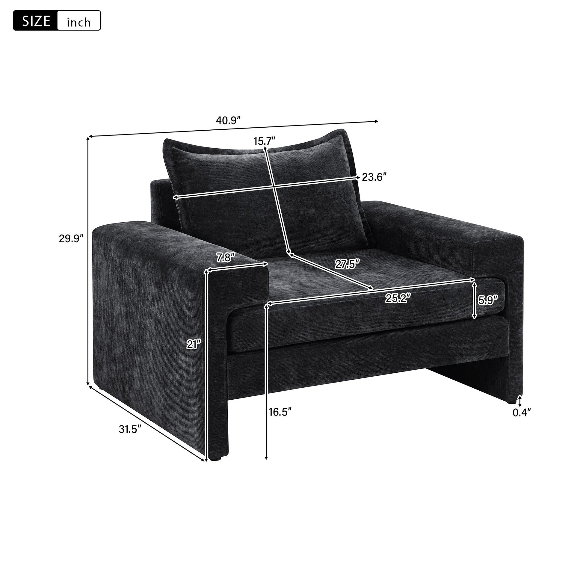 Upholstered accent chair in dark gray fabric with wide armrests and ergonomic back support on Tampa Home & Garden Store