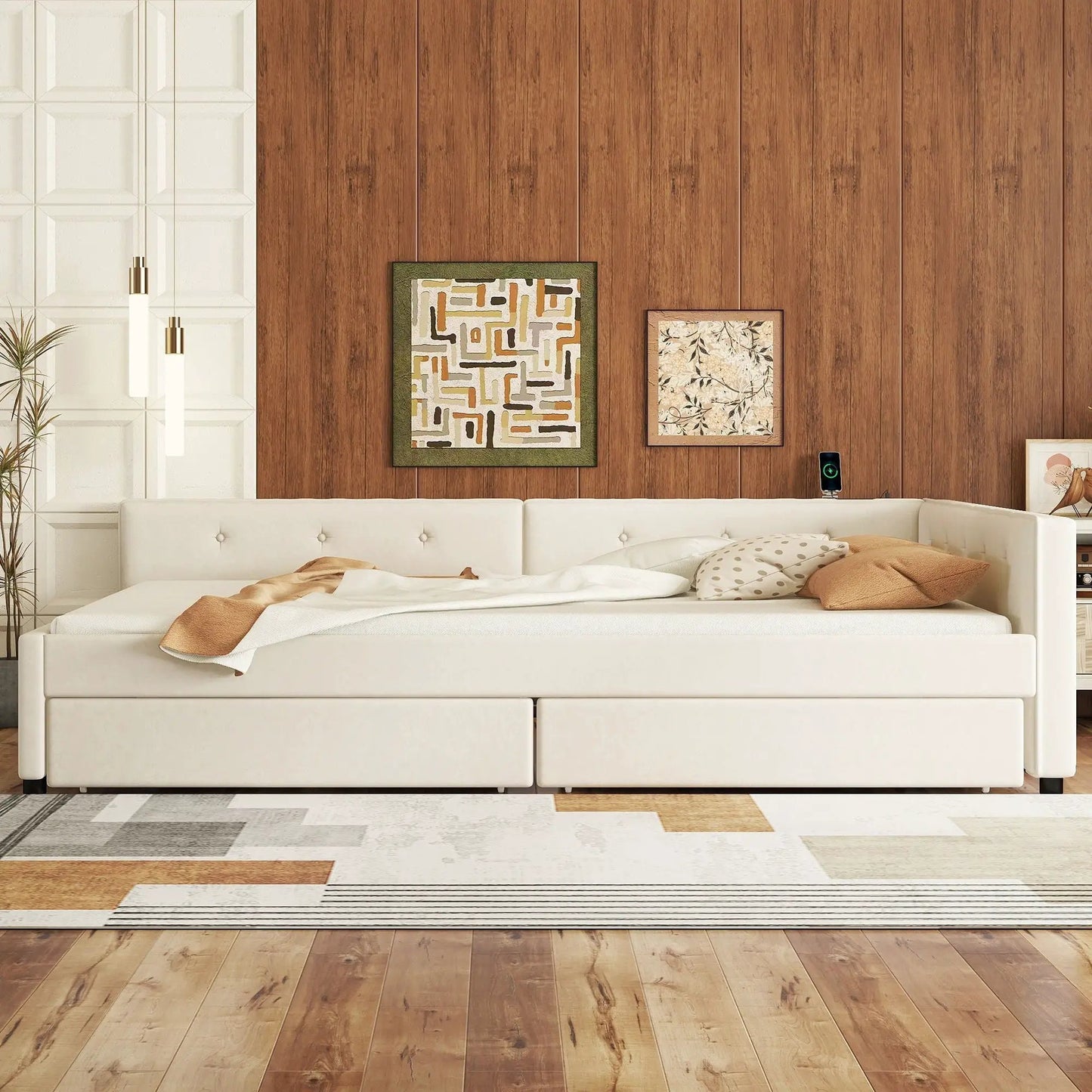 Platform bed with USB ports, white upholstered frame by Unique Piece Furniture on Tampa Home & Garden Store