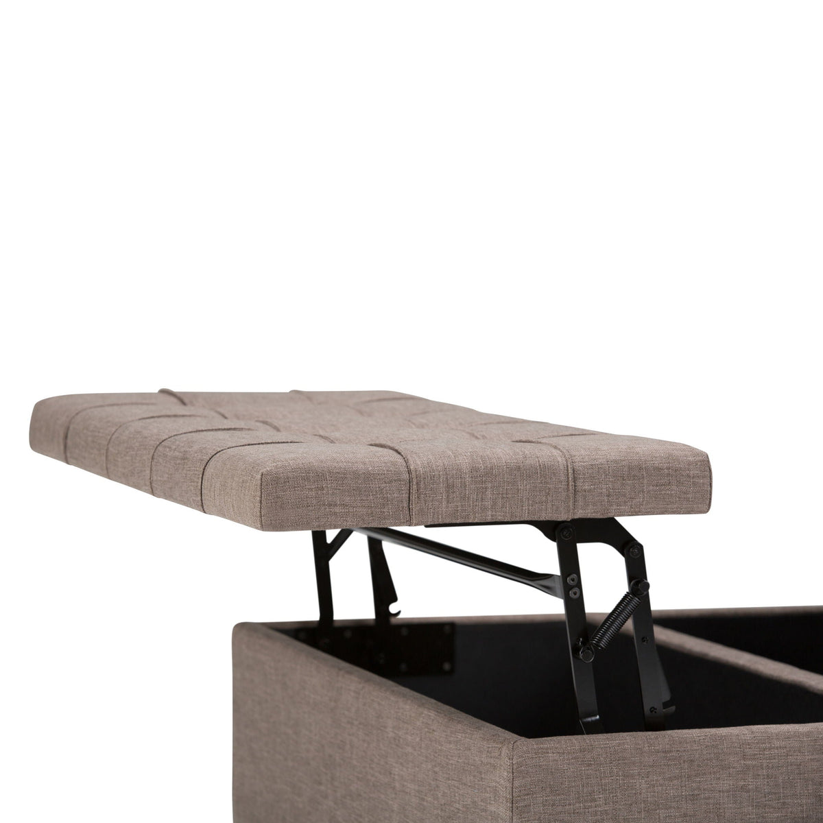 Harrison Tufted Lift Top Storage Ottoman in taupe fabric with black metal base HouseOfZazla on Tampa Home & Garden Store