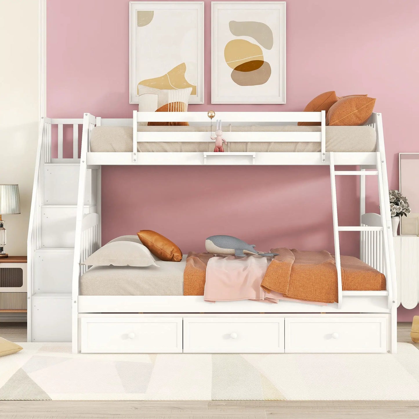White bunk bed with drawers and storage staircase, ladder on right, Unique Piece Furniture on Tampa Home & Garden Store