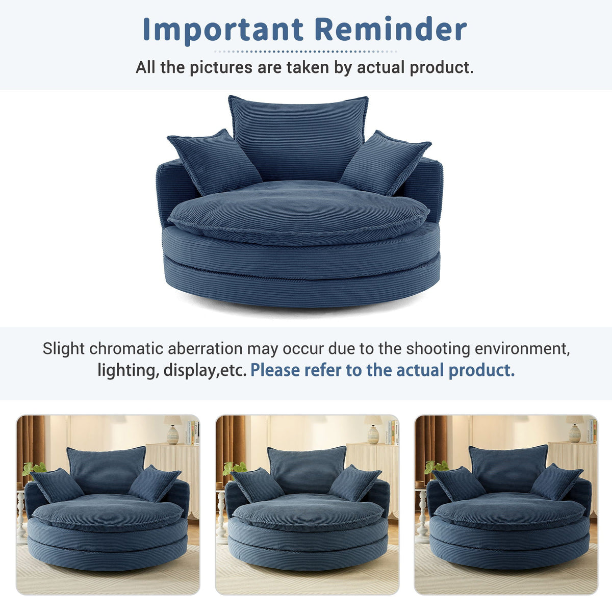 Swivel barrel chair with cushion and three navy corduroy pillows on Tampa Home & Garden Store