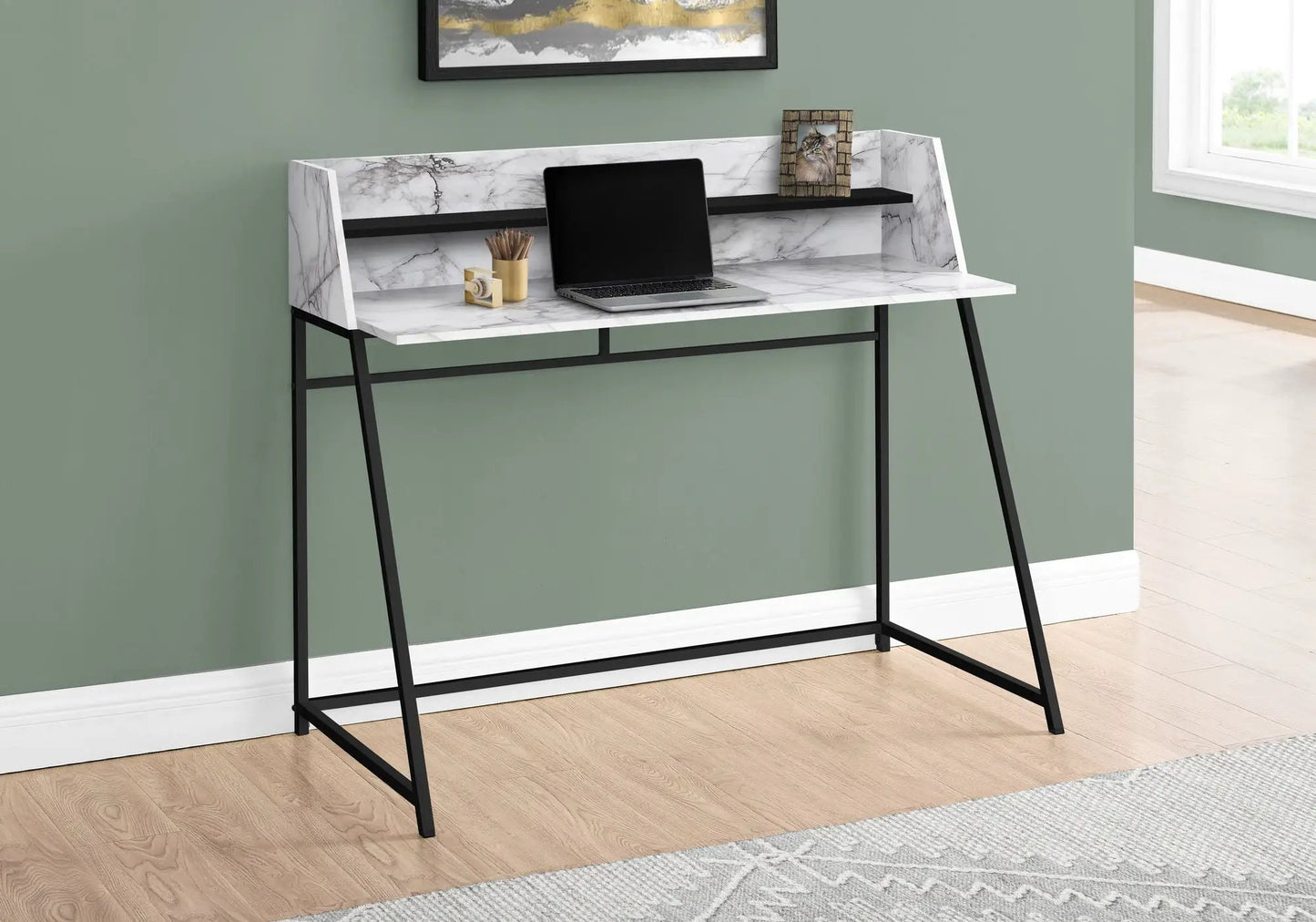 Computer desk by Unique Piece Furniture with marble top, black metal legs, built-in shelf on Tampa Home & Garden Store