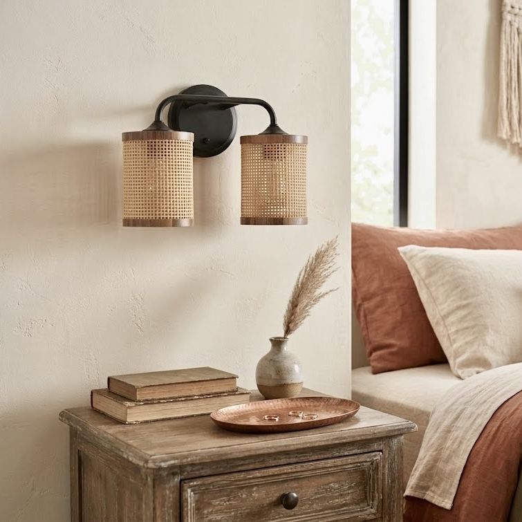 Quell double light vanity wall lamp, black with natural rattan shades (2 lights) HouseOfZazla on Tampa Home & Garden Store
