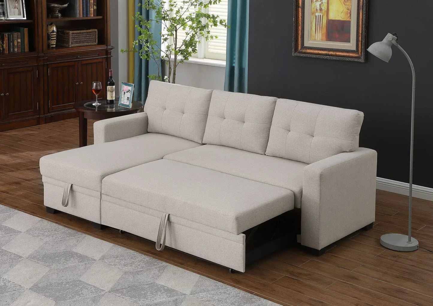 Upholstered Pull Out Sectional Sofa With Chaise beige fabric sleeper by Unique Piece Furniture on Tampa Home & Garden Store