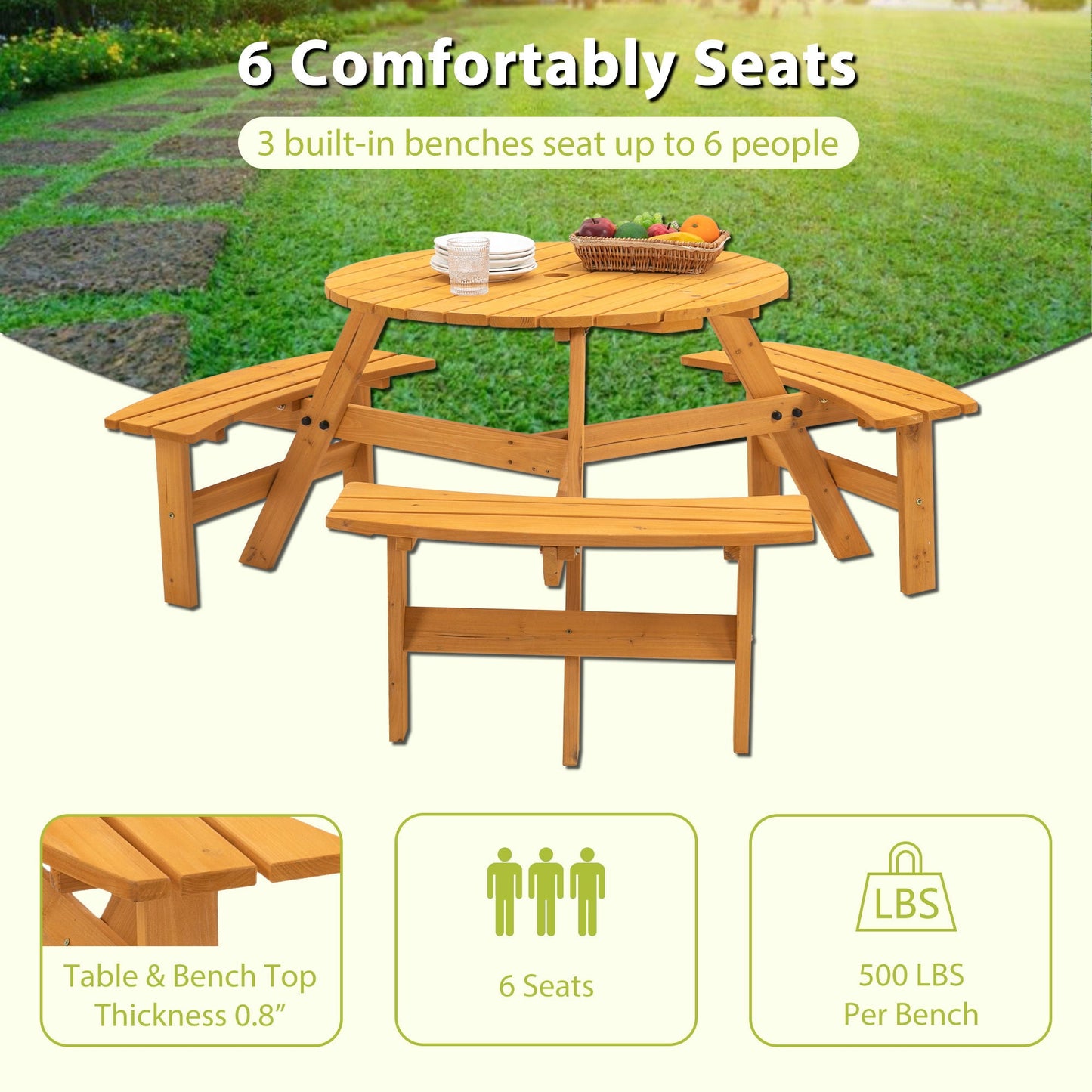 Six Person Outdoor Wooden Picnic Table for Patio