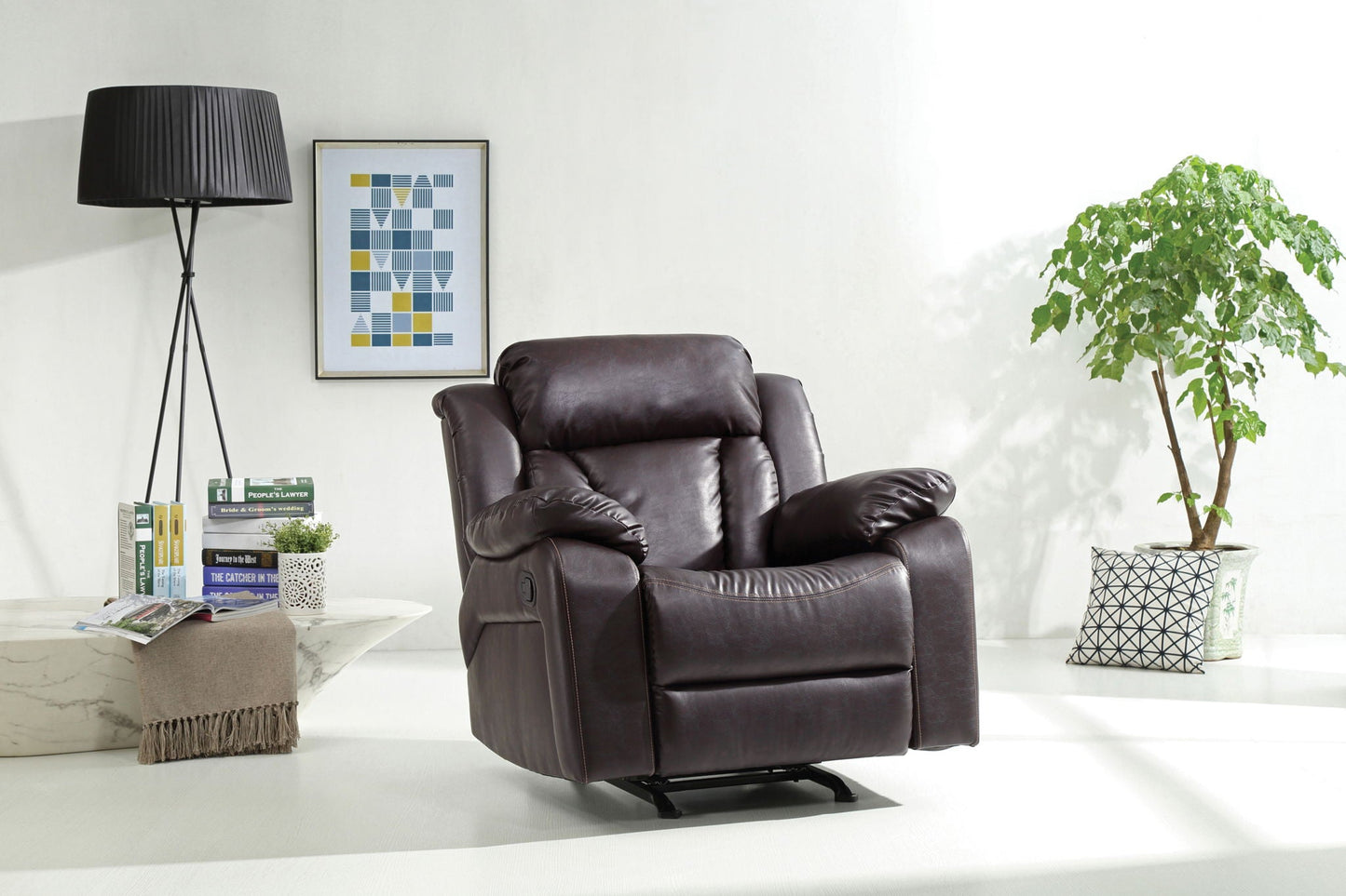 Comfortable rocking motion recliner by Unique Piece Furniture in dark brown leather on Tampa Home & Garden Store