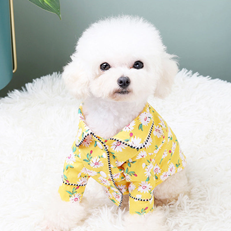 Dog pajamas yellow floral print with white daisies and black piping, Pet Zen on Tampa Home & Garden Store