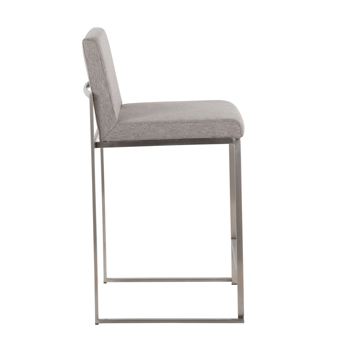Contemporary high-back counter stool with padded grey upholstery and brushed metal frame on Tampa Home & Garden Store