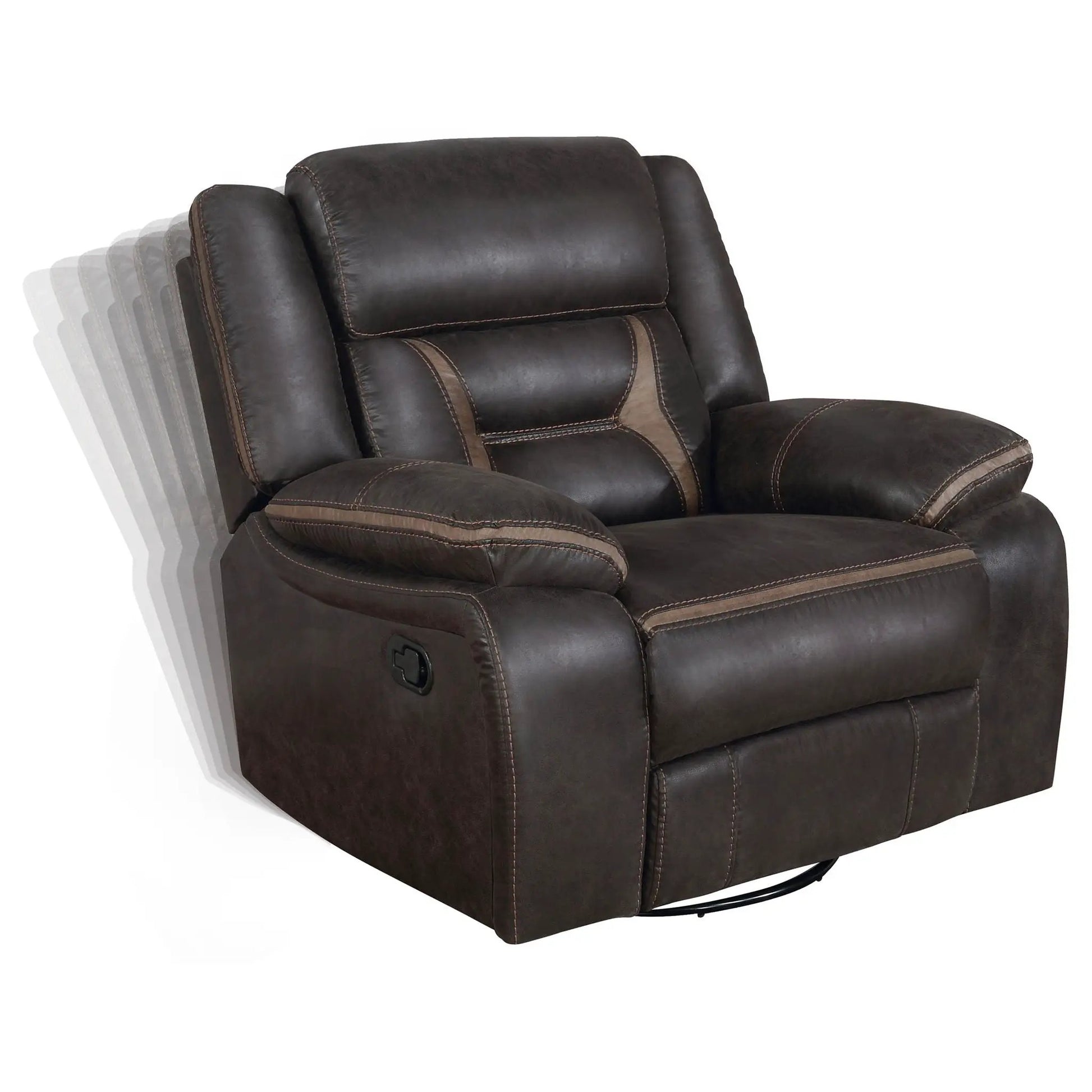 Brazelton Swivel Glider Recliner dark brown leather with contrast stitching on Tampa Home & Garden Store