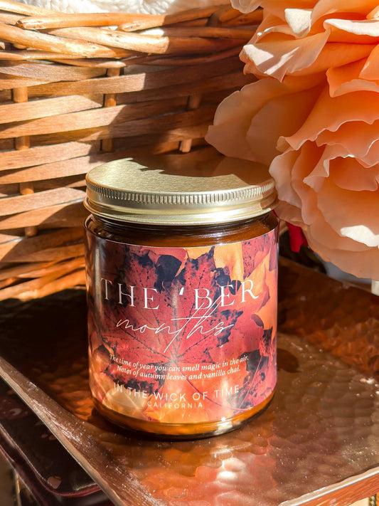 Ber Months Spiced Apple Chai candle by In the Wick of Time, orange marbled label, metal lid on Tampa Home & Garden Store