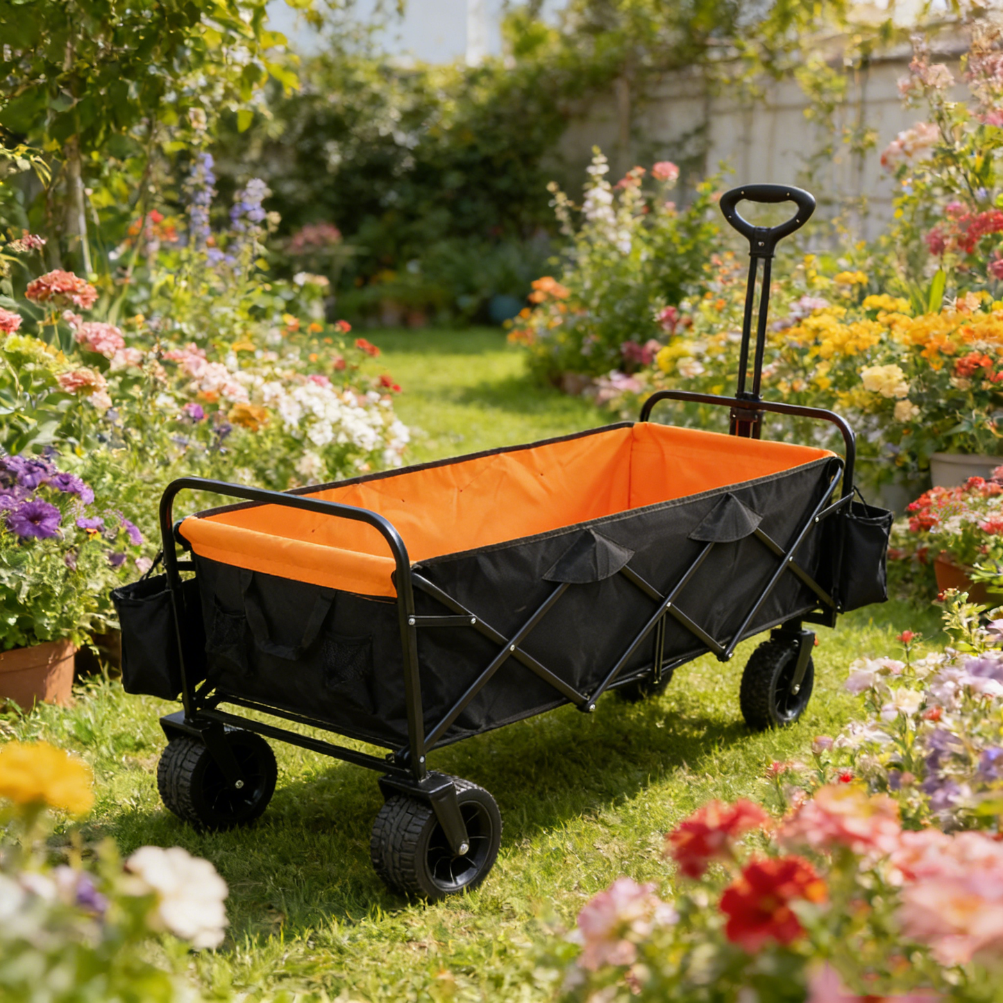 Big Capacity Folding Wagon Cart with Extender, black frame orange interior outdoor wagon on Tampa Home & Garden Store