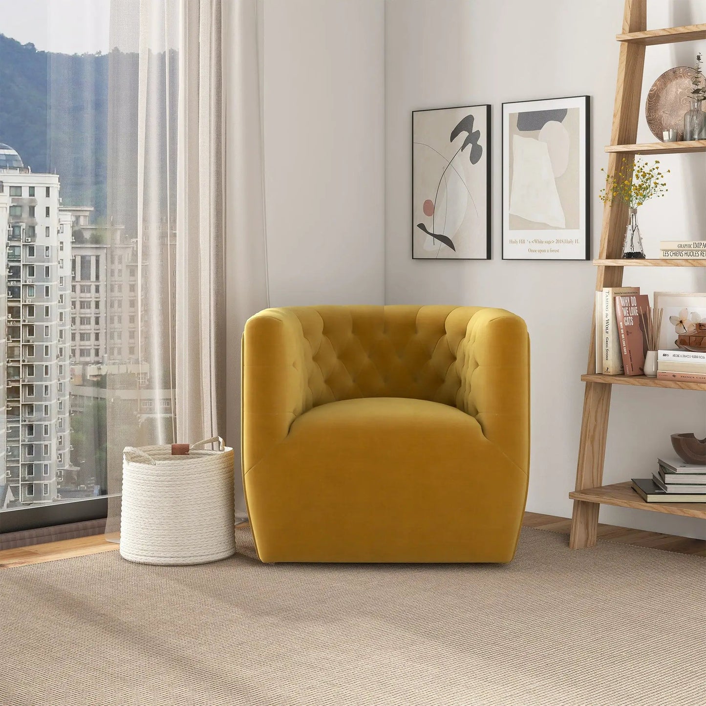 Delaney ergonomic design swivel chair mustard-yellow velvet with tufted back in room on Tampa Home & Garden Store