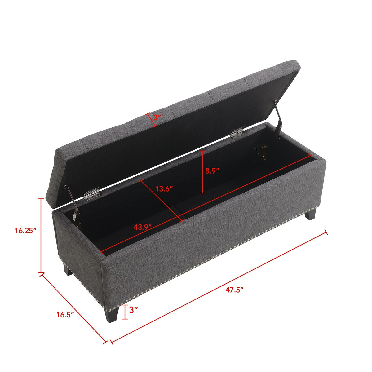 Button-Tufted Storage Ottoman with Safety Close Hinge in dark gray fabric by HouseOfZazla on Tampa Home & Garden Store