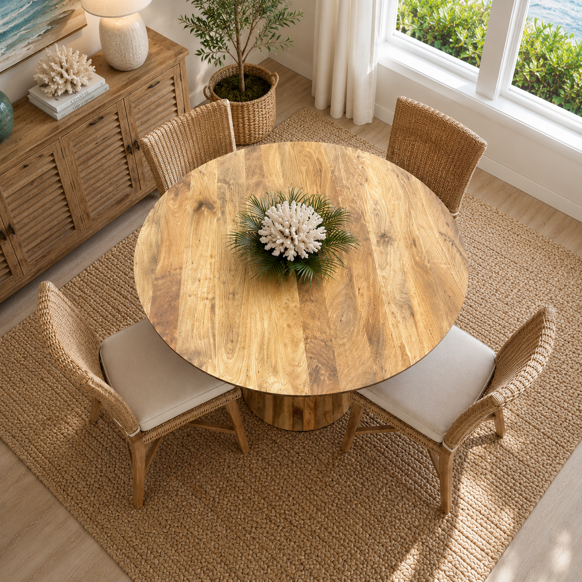 Mango Wood Round Dining Table 47x47x30 in with four woven rattan chairs and coral centerpiece on Tampa Home & Garden Store