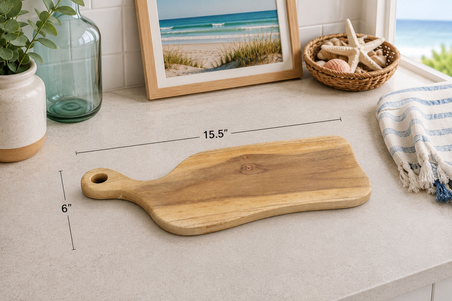 Drift Teak Cutting Board by The Broward Design Center, teak with handle hole, 15.5in long on Tampa Home & Garden Store