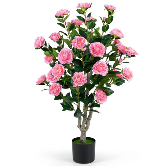 Artificial Camellia Tree 39.5in with pink blooms and green leaves in a cement pot on Tampa Home & Garden Store