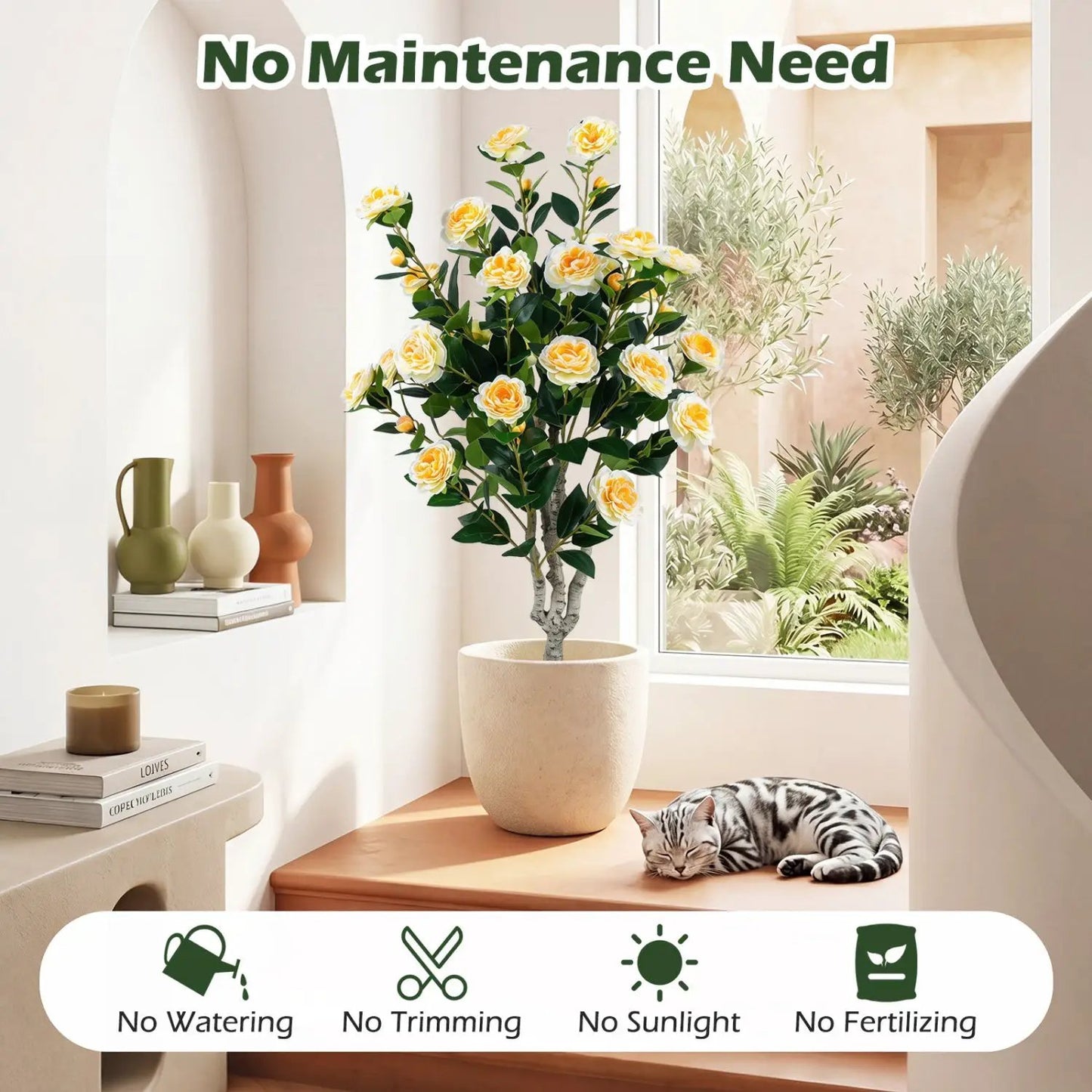 Artificial Camellia Tree 39.5 Inch Cement Pot