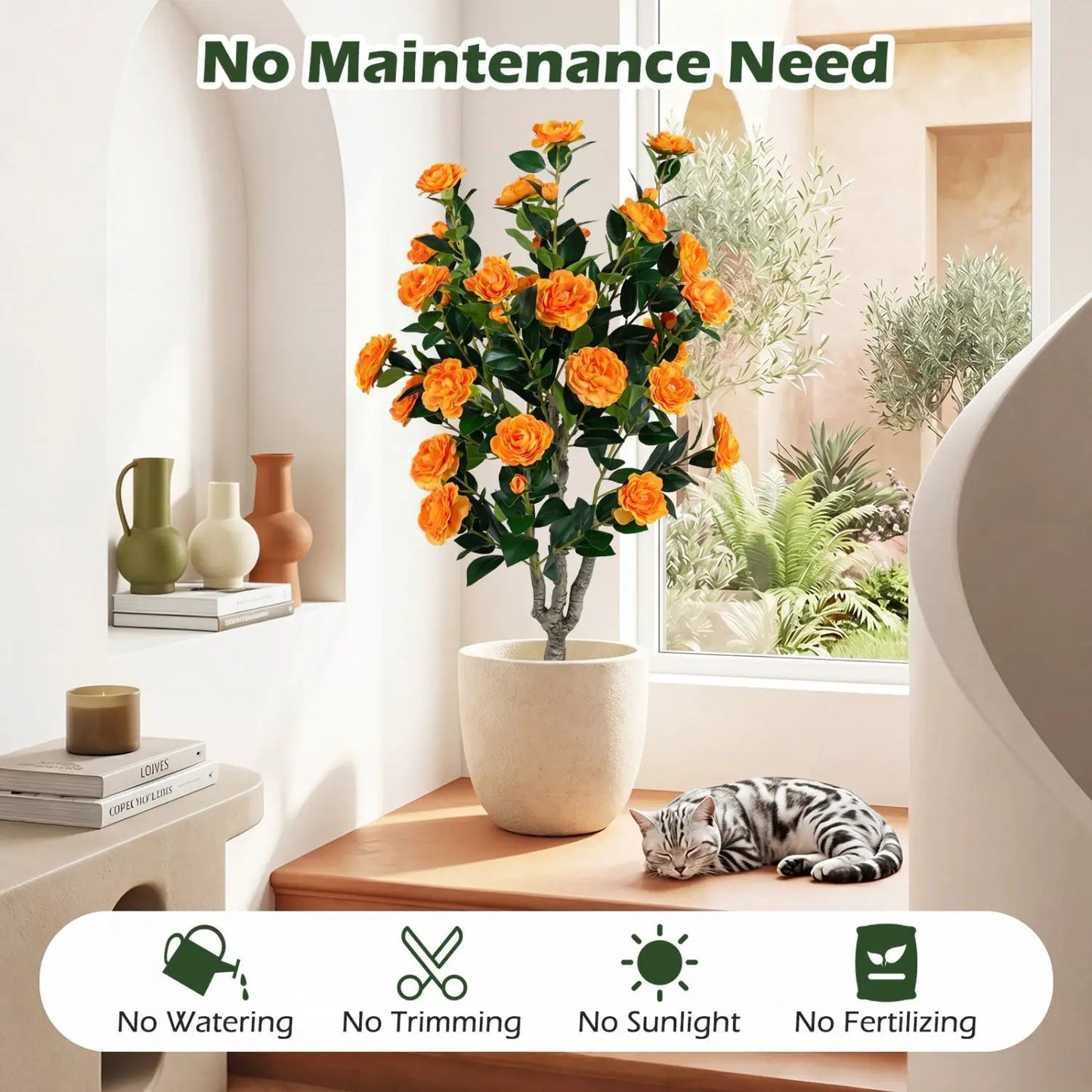 Artificial Camellia Tree 39.5 Inch Cement Pot