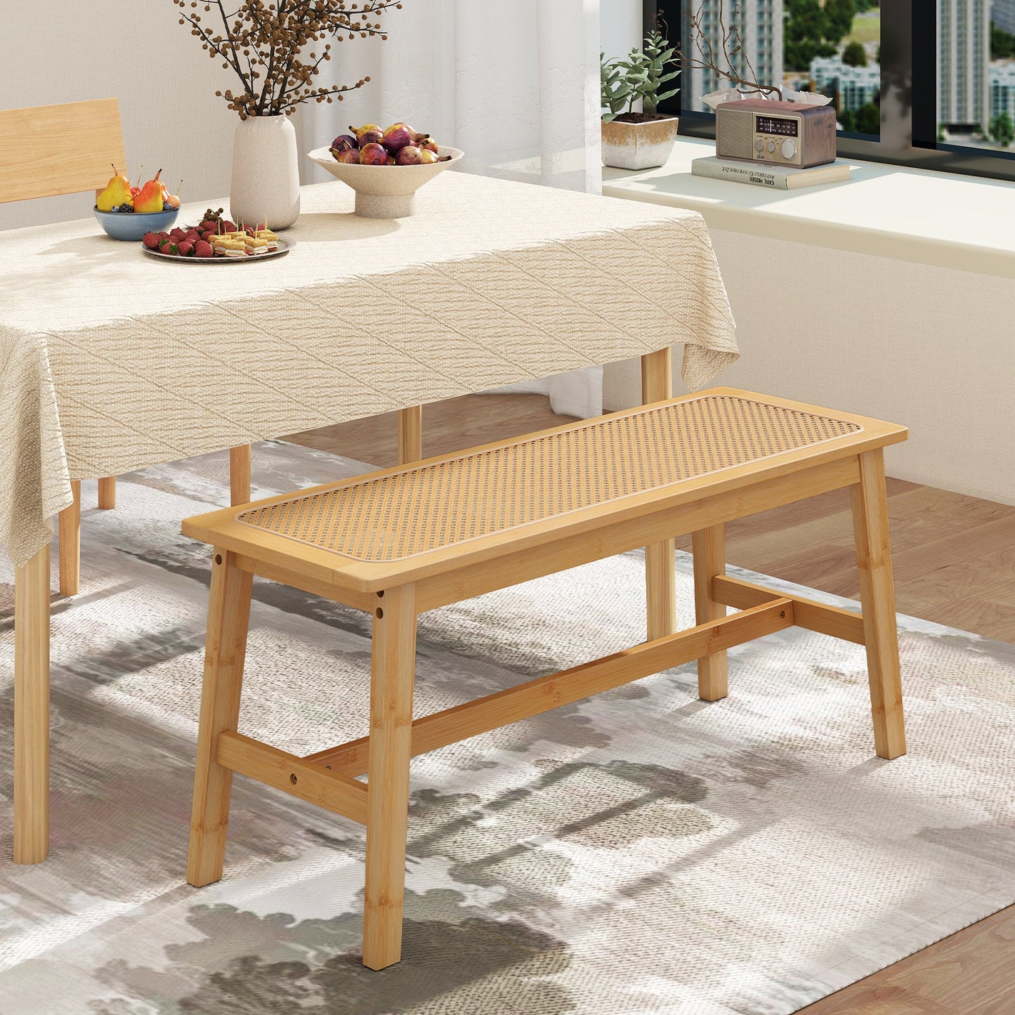 39.5 Inch Bamboo Dining Bench with Handwoven Rattan Seat for Indoor Outdoor-Natural