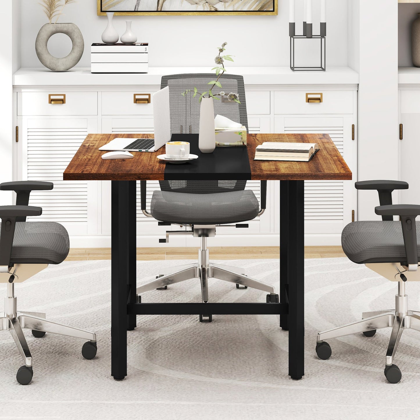 Conference table 39.5-inch square with thickened wood tabletop and black metal legs DirectDeals on Tampa Home & Garden Store
