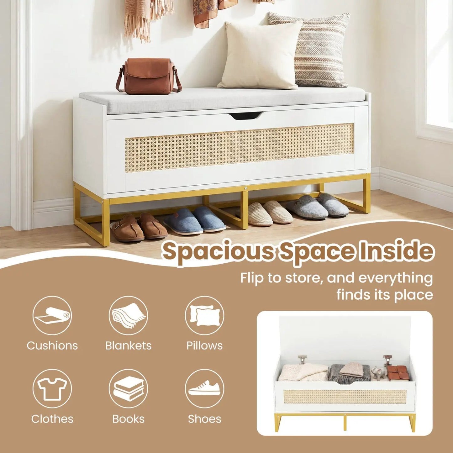 Rattan Storage Chest and Wicker Shoe Bench