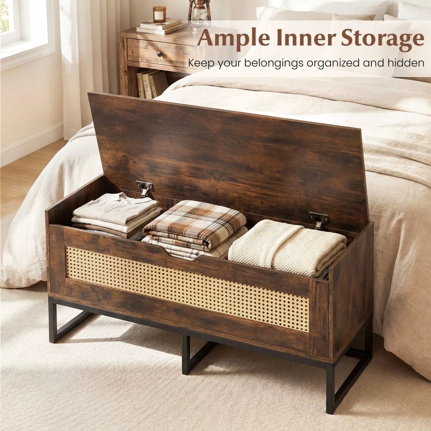 Rattan Storage Chest and Wicker Shoe Bench