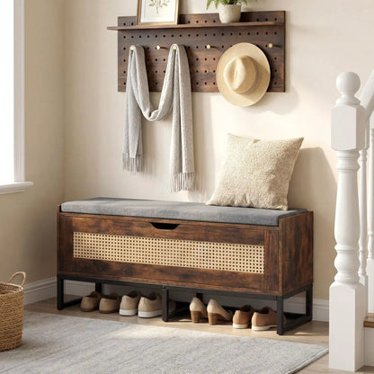 Rattan Storage Chest and Wicker Shoe Bench