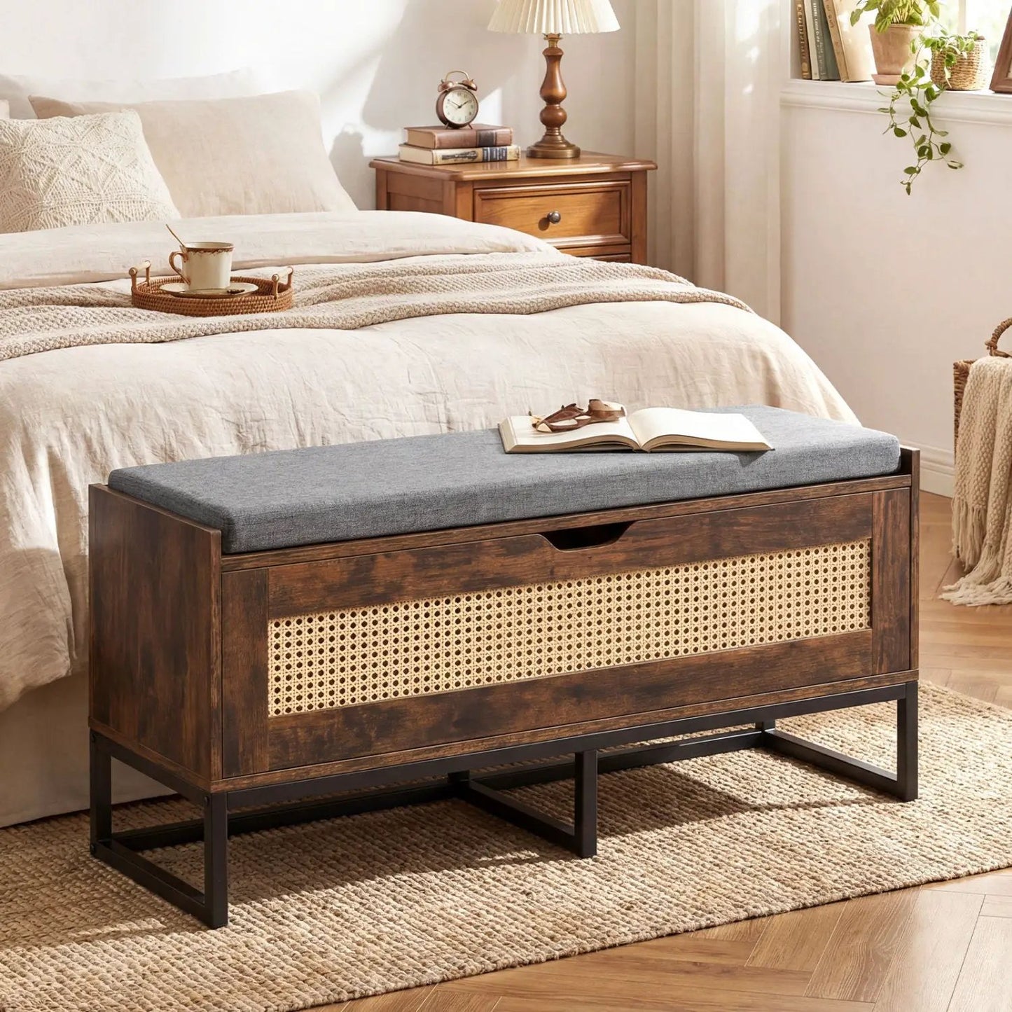 Rattan Storage Chest and Wicker Shoe Bench