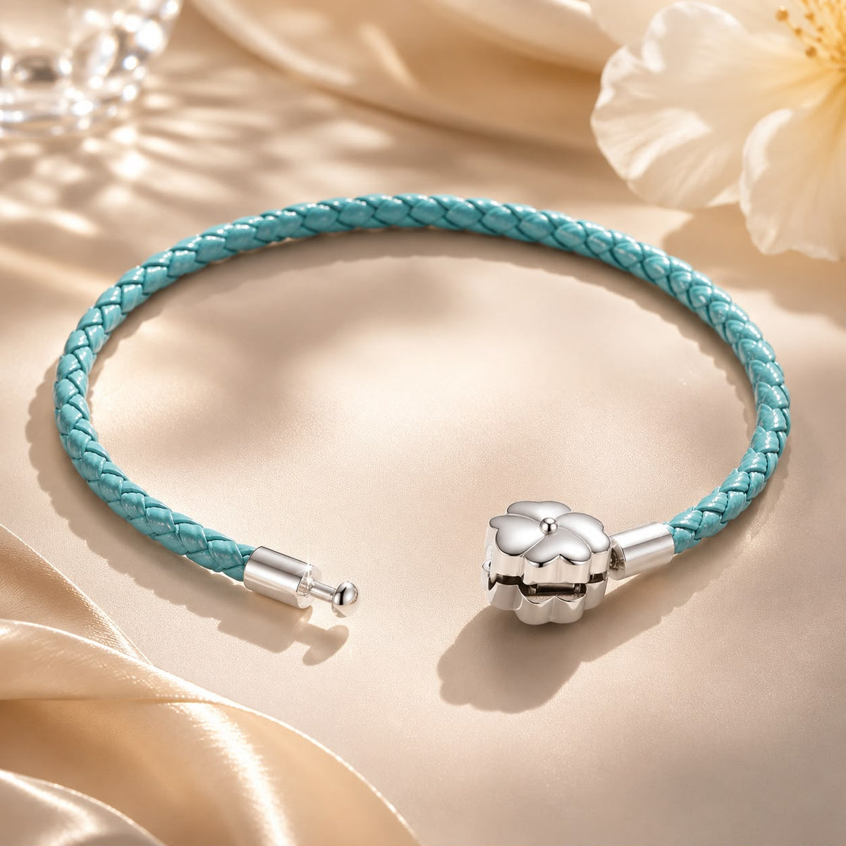 Turquoise braided leather bracelet with 925 sterling silver flower bead and cap clasp 17 cm on Tampa Home & Garden Store