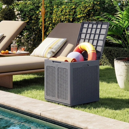 DirectDeals gray 39 gal deck box with lockable lid, weatherproof plastic wicker panels poolside on Tampa Home & Garden Store