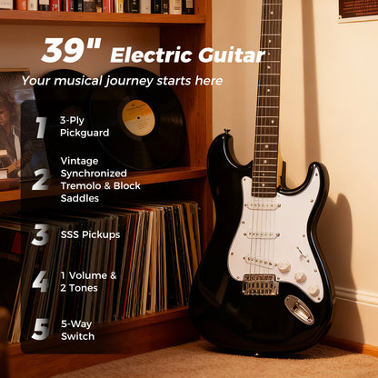 39 Inch Full Size Electric Guitar Beginner Kit with Amplifier for Starter