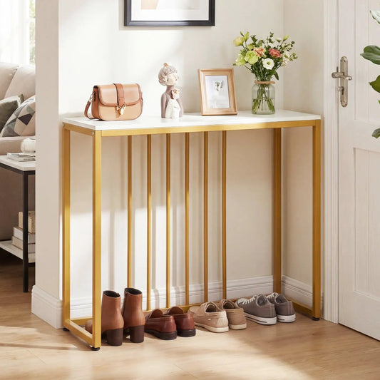 39-inch modern console table with white top and gold frame, tan handbag and vase of flowers on Tampa Home & Garden Store