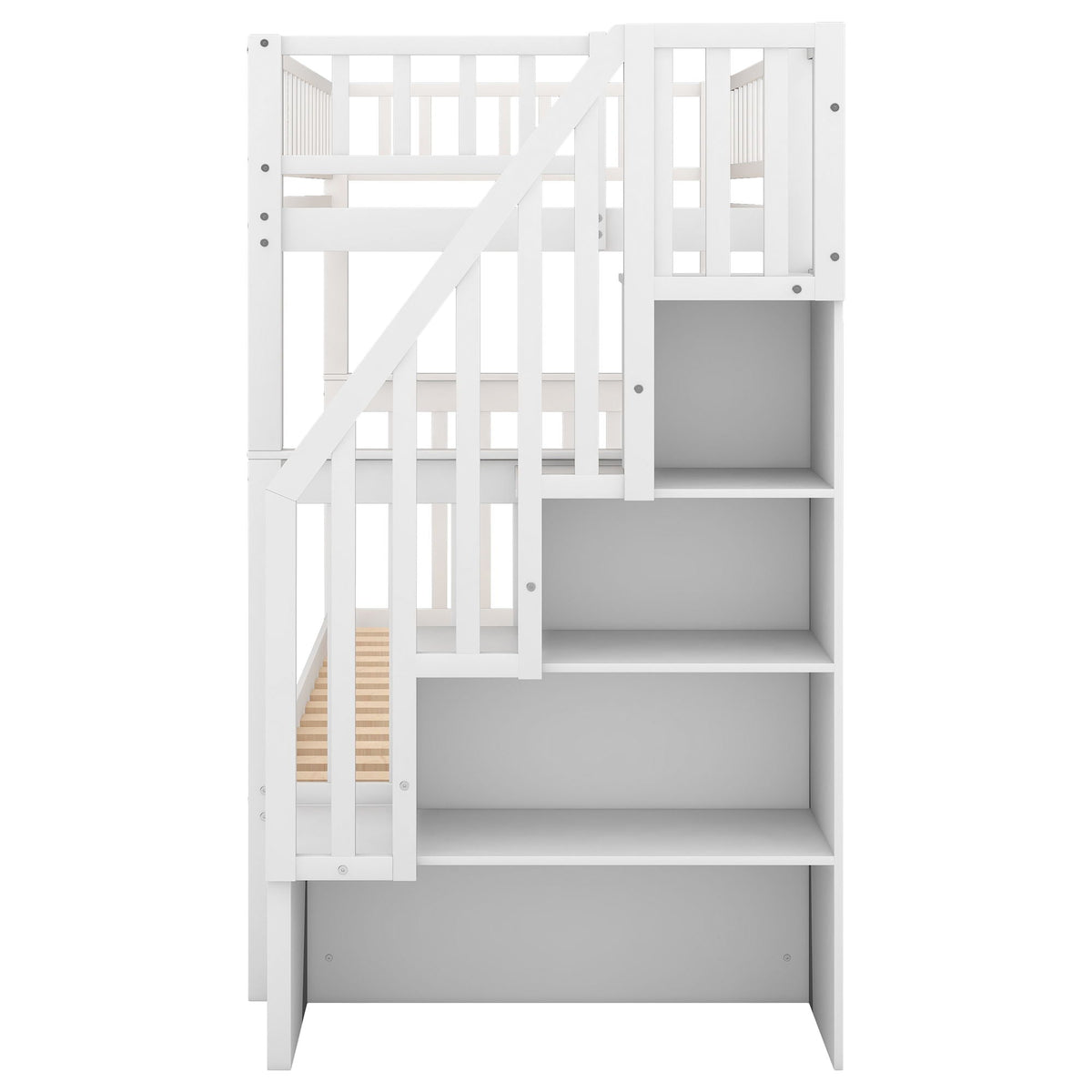 HouseOfZazla Bunk Bed With Staircase, white wooden bunk bed with staircase and guard rails on Tampa Home & Garden Store