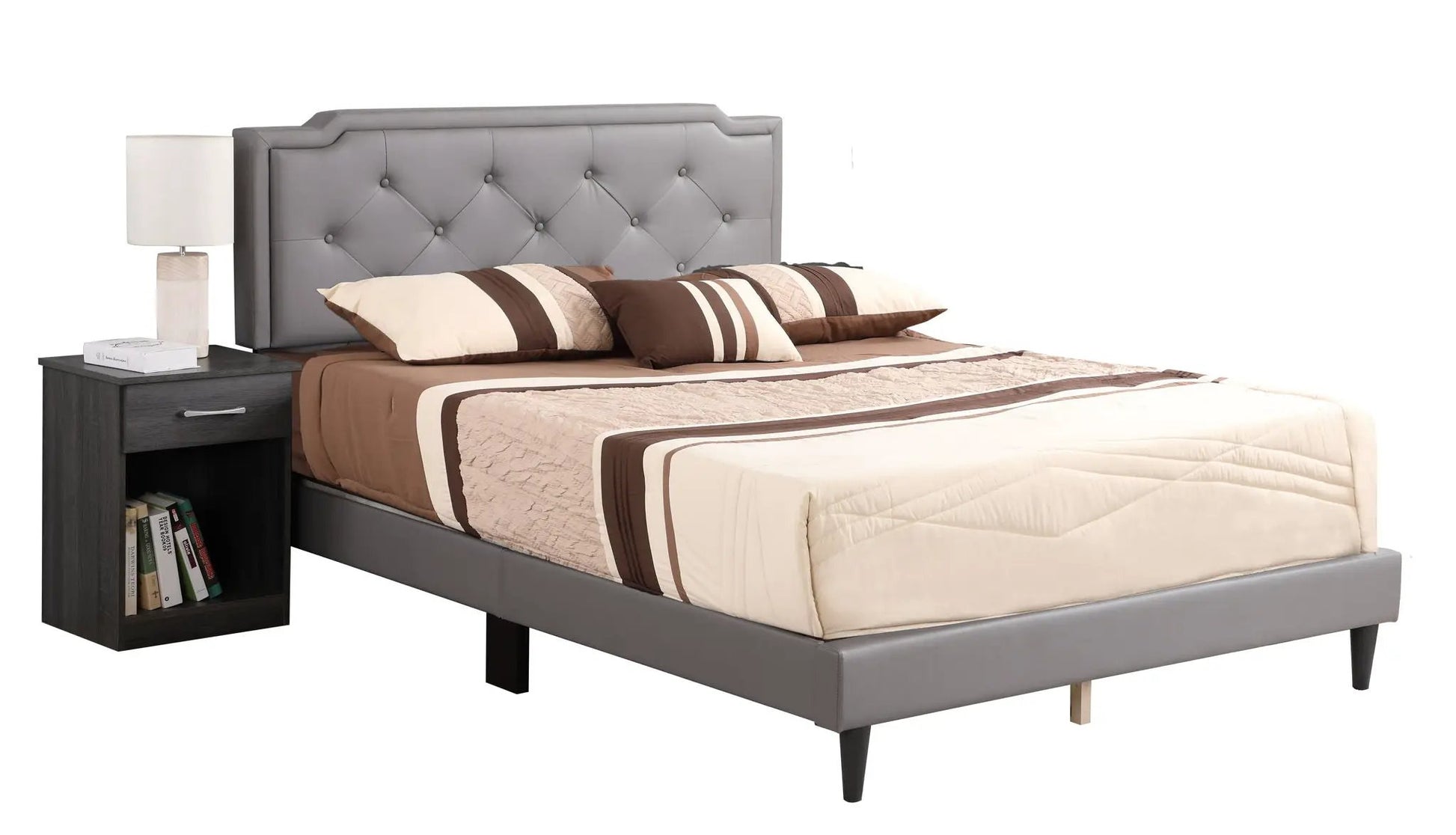 Button tufted upholstered bed with gray headboard, beige bedding, dark wood nightstand on Tampa Home & Garden Store