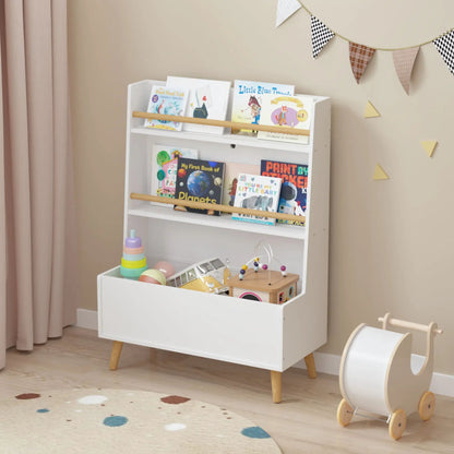 Bookshelf Book Organizer With Toy Storage White with light wood legs and children's books on Tampa Home & Garden Store