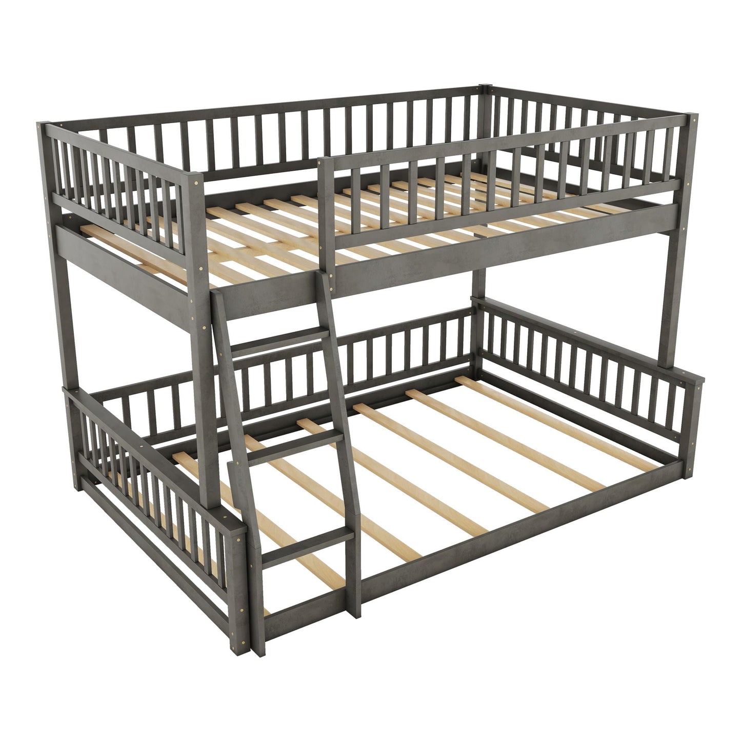 Gray metal bunk bed with ladder and guardrails, two-tier with wooden slat bases on Tampa Home & Garden Store