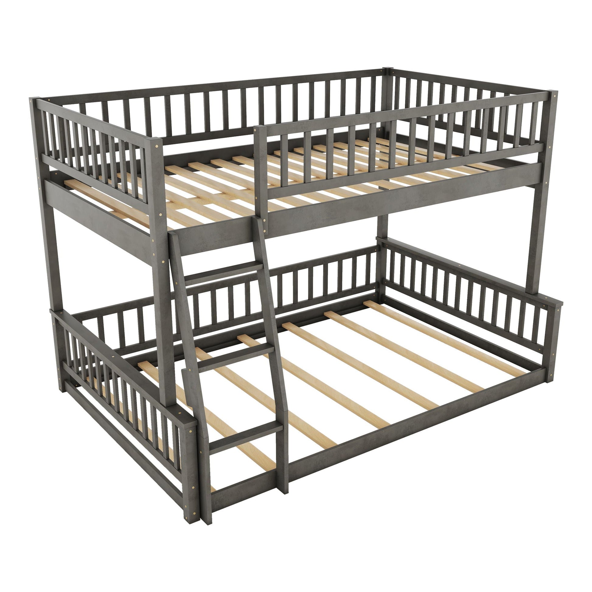 Gray metal bunk bed with ladder and guardrails, two-tier with wooden slat bases on Tampa Home & Garden Store