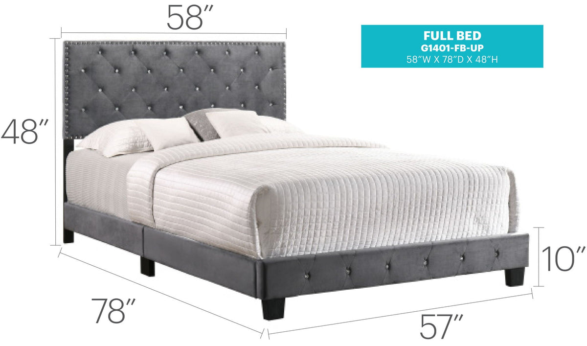 Luxurious Upholstered Bed, full bed with tufted grey headboard 58W x 78D x 48H on Tampa Home & Garden Store