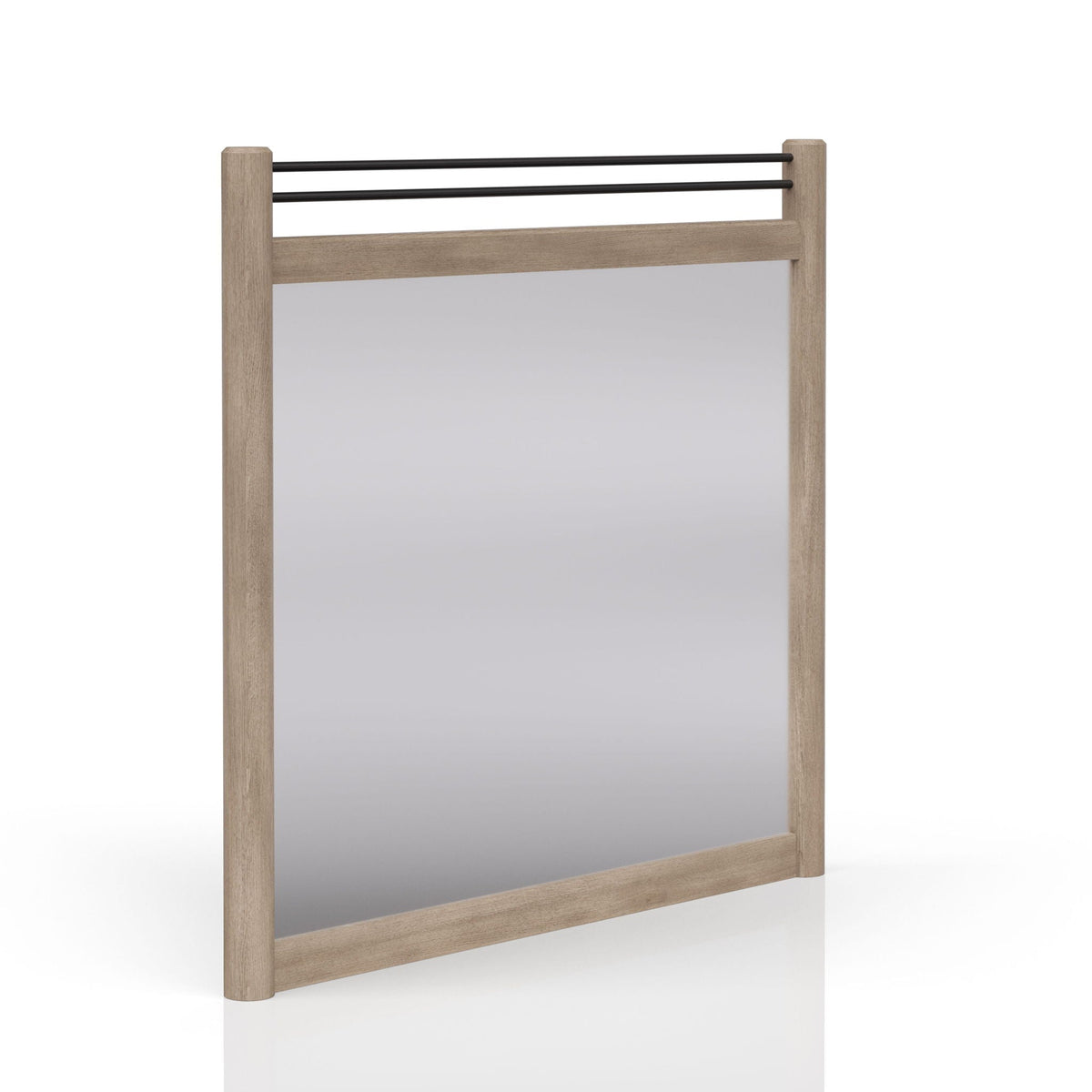 Queen canopy bed headboard in sand finish with natural wood posts and black metal rails on Tampa Home & Garden Store